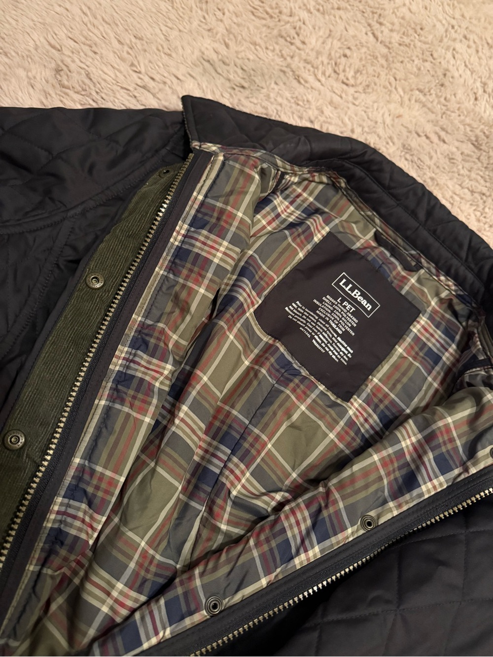 L.L. Bean Quilted Jacket in black with Olive and Plaid Lining